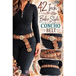 Vintage Moroccan Boho Concho Belt Tan Brown Leather 42 Inch Western Women